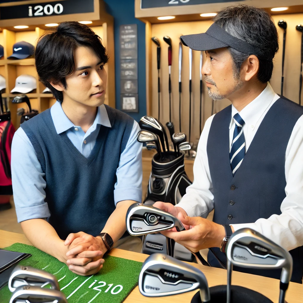 A-Japanese-golfer-consulting-with-a-salesperson-in-a-golf-shop-discussing-the-purchase-of-an-i210-iron.-The-golfer-is-attentively-listening-to-the-sa.webp