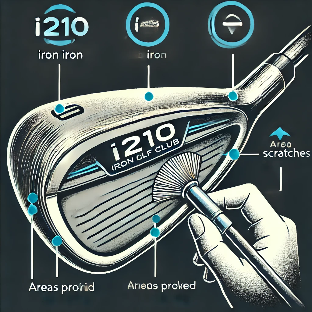 A-close-up-of-the-i210-iron-golf-club-showing-areas-prone-to-scratches-and-damage.-The-illustration-highlights-these-points-with-arrows-and-includes-.webp