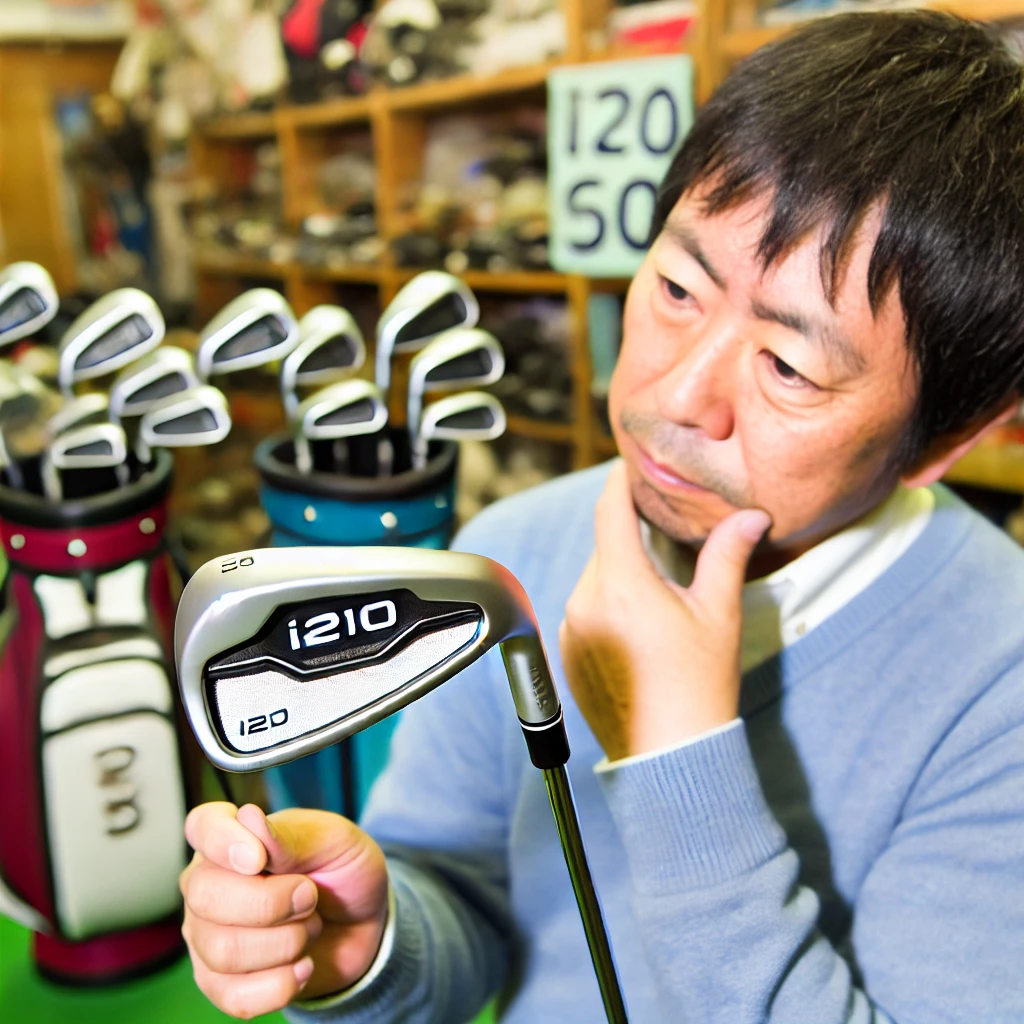 A-Japanese-golfer-holding-a-used-i210-iron-examining-its-condition-in-a-second-hand-golf-shop.-The-golfer-is-thoughtfully-considering-the-purchase-w.webp