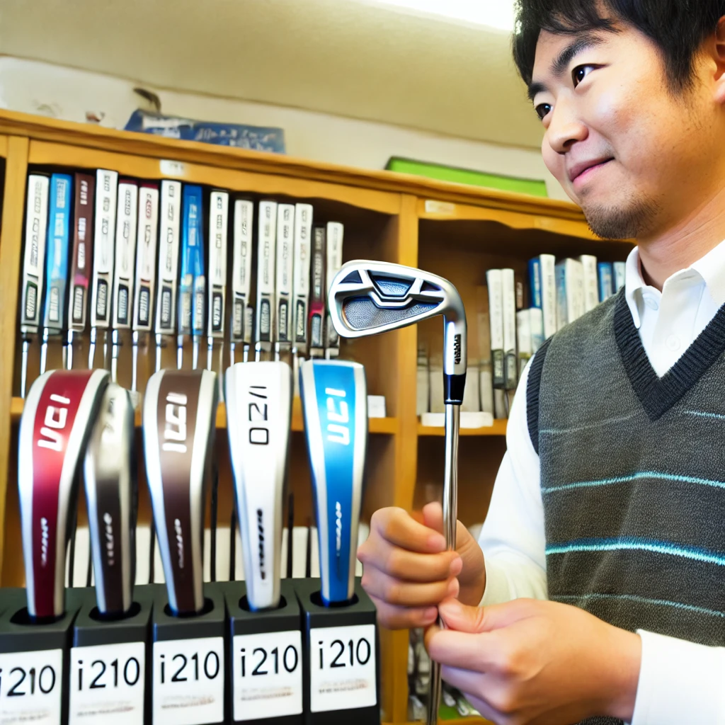 A-Japanese-golfer-selecting-a-suitable-golf-shaft-for-the-i210-iron-with-a-variety-of-shafts-displayed.-The-golfer-is-in-a-golf-shop-or-fitting-cente.webp