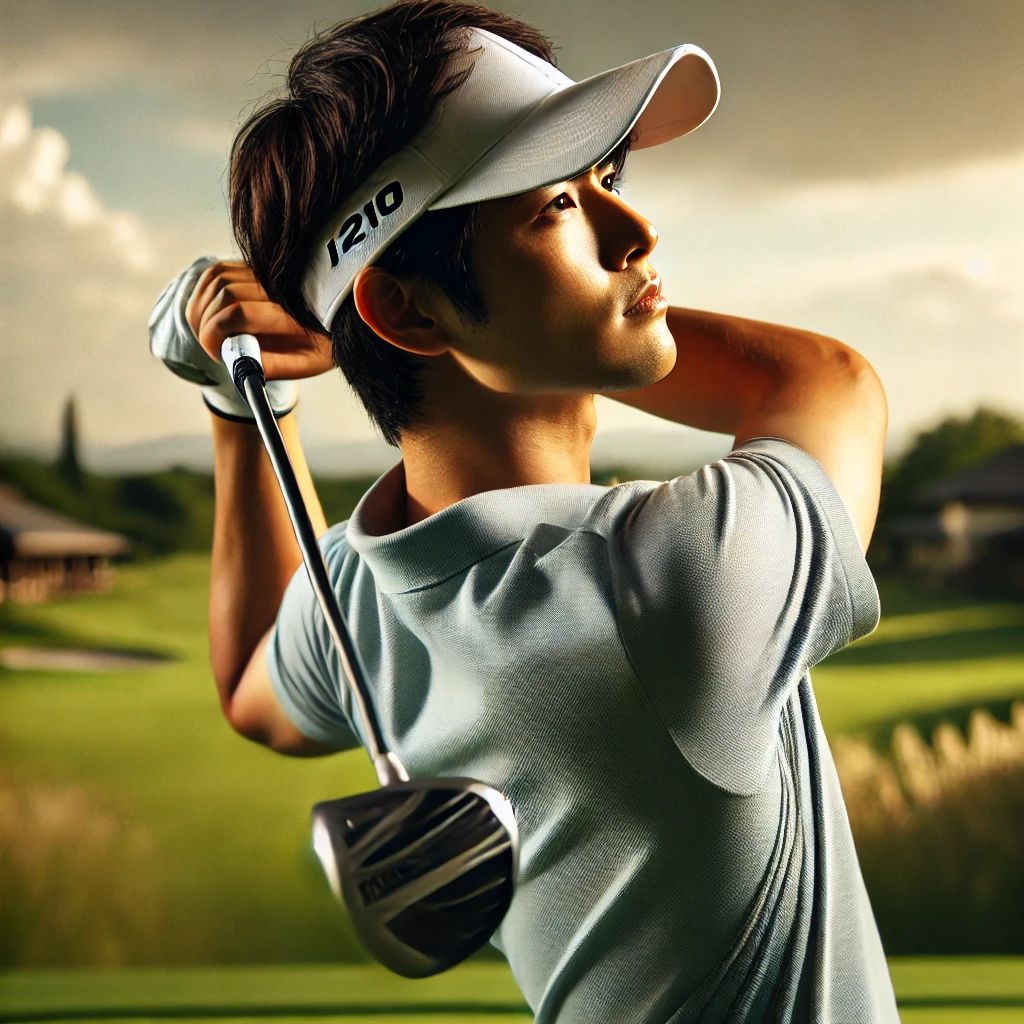 A-Japanese-golfer-hitting-a-long-golf-shot-with-the-i210-iron-with-a-smooth-swing-and-focused-expression.-The-ball-is-soaring-through-the-air-against.webp