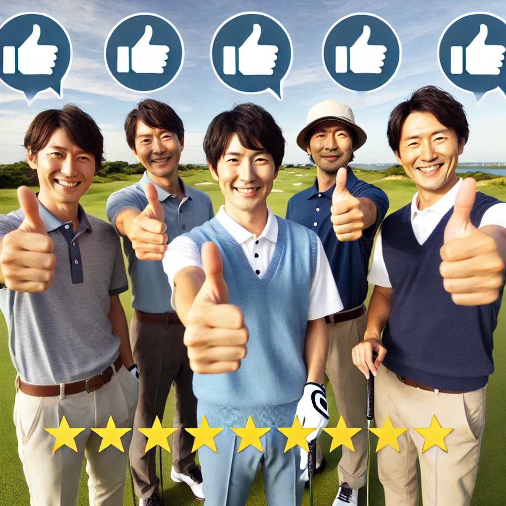 A-group-of-Japanese-golfers-sharing-their-positive-experiences-on-the-golf-course-giving-thumbs-up-and-showing-satisfaction.-The-background-is-a-well.webp