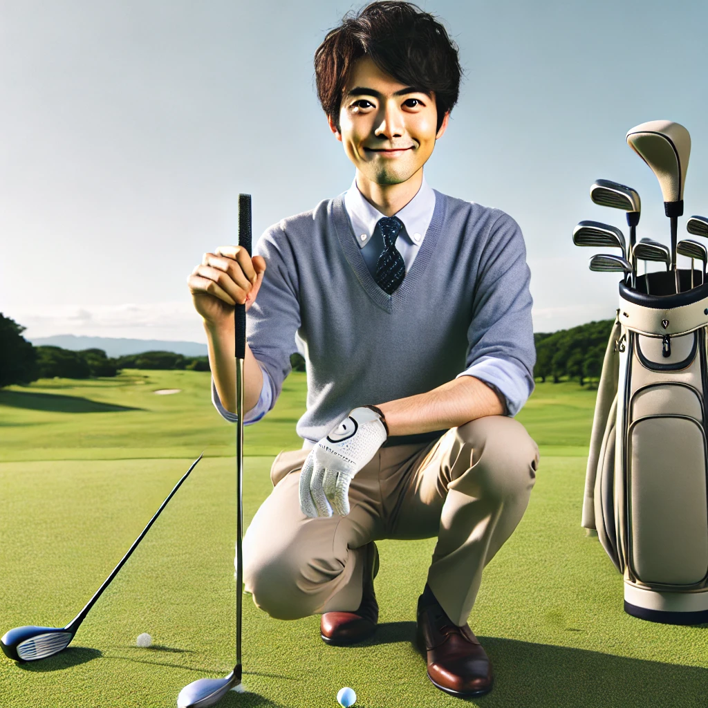 A-Japanese-golfer-in-a-beginner-stance-holding-a-golf-club-with-a-confident-smile-on-a-green-golf-course-with-clear-skies.-The-golfer-looks-relaxed-.webp