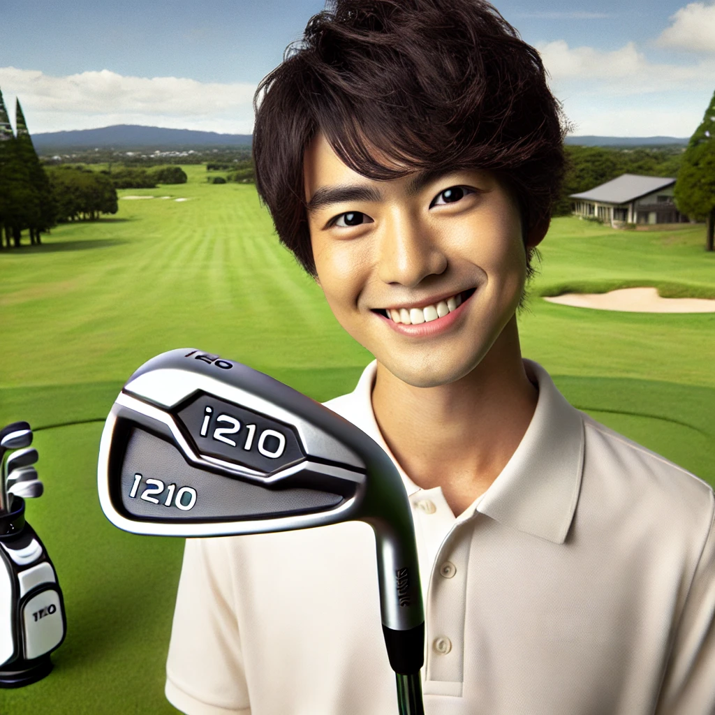 A-Japanese-golfer-both-male-and-female-smiling-and-holding-an-i210-iron-golf-club-on-a-golf-course.-The-background-shows-a-beautiful-green-fairway-w.webp