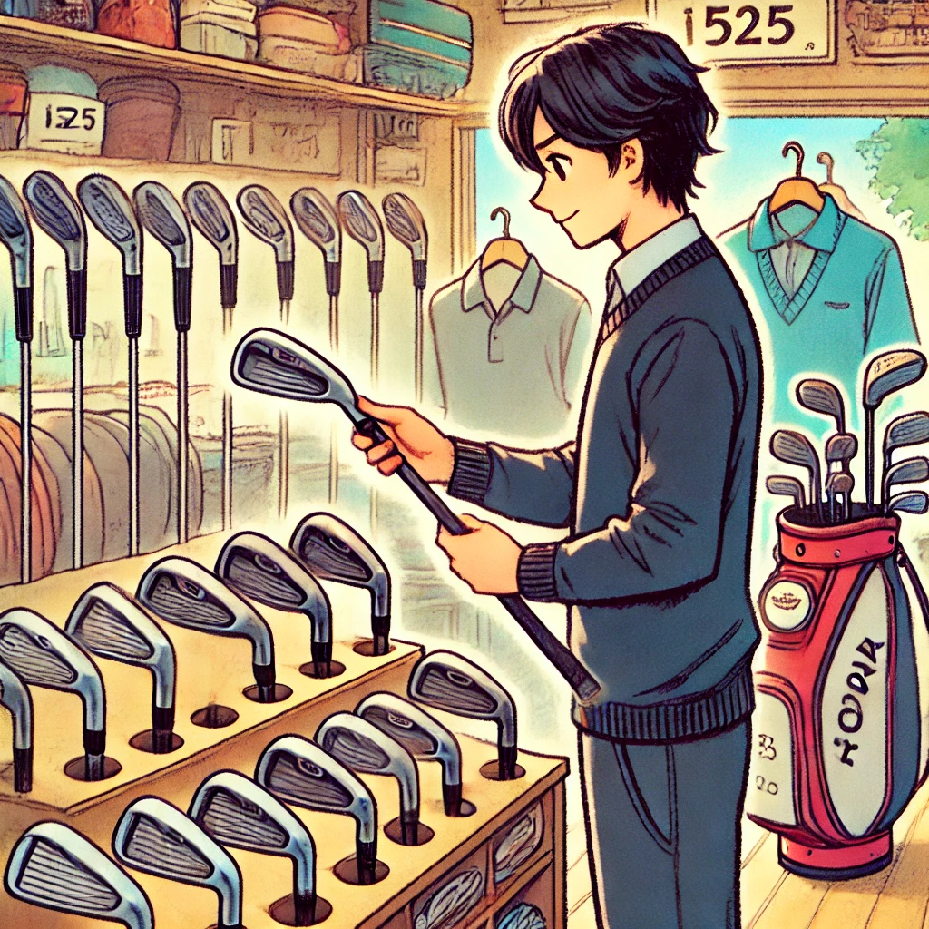 An-illustration-of-a-Japanese-golfer-inspecting-a-used-i525-iron-club-at-a-golf-store-with-various-used-clubs-on-display-and-the-golfer-examining-the.webp