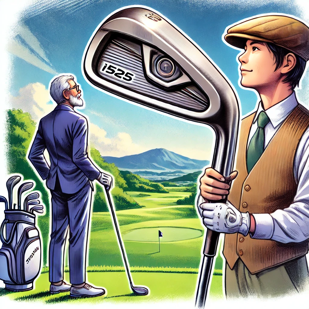 An-illustration-of-a-Japanese-golfer-admiring-the-sleek-and-stylish-design-of-the-i525-iron-club-showcasing-its-aesthetic-appeal-on-a-golf-course.webp