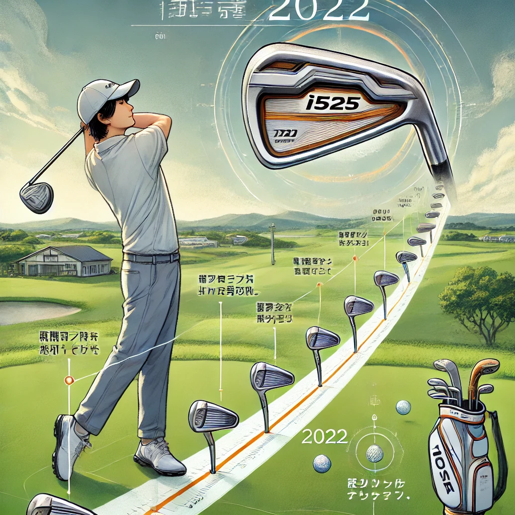 An-illustration-showing-a-timeline-of-the-i525-iron-club-highlighting-its-release-as-the-2022-model-with-a-Japanese-golfer-using-it-on-a-golf-course.webp