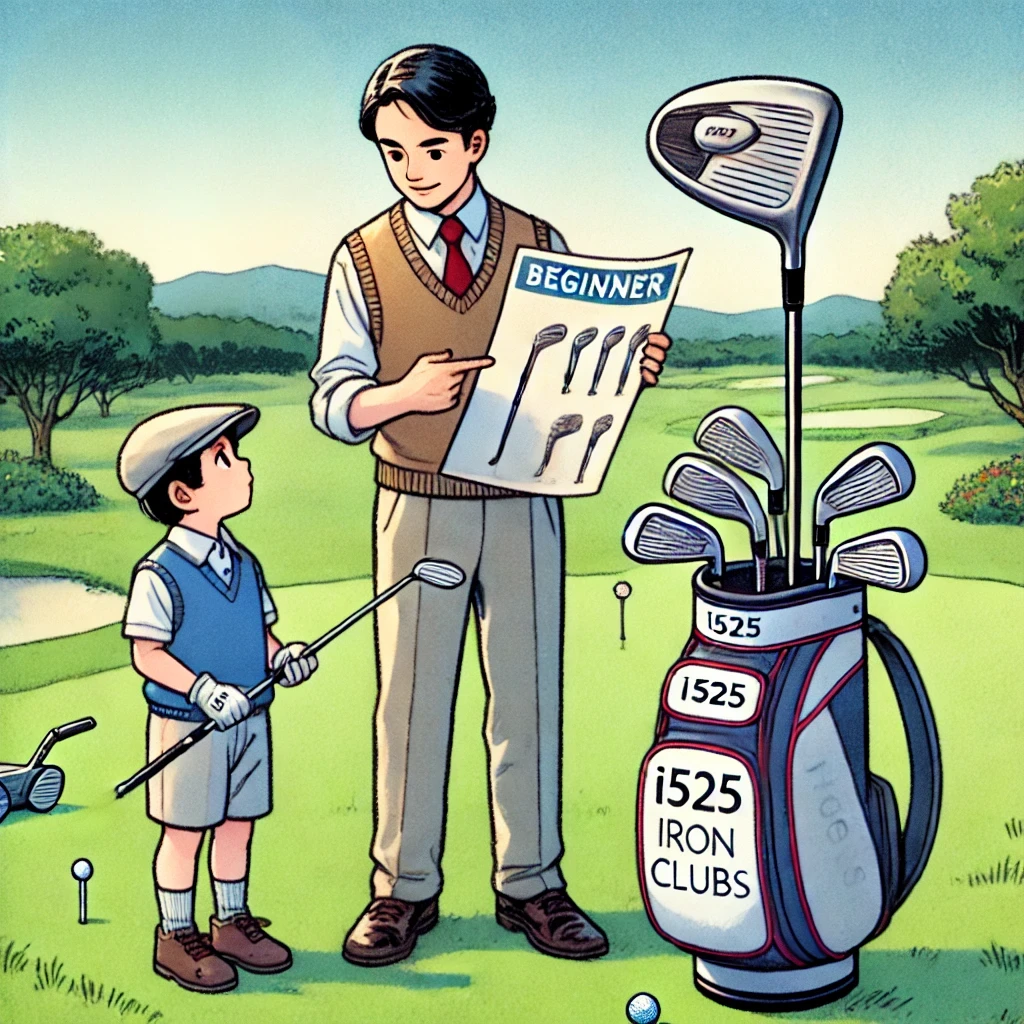 An-illustration-of-a-Japanese-golfer-examining-a-beginner-golf-set-on-a-golf-course-with-i525-iron-clubs-included-showing-the-golfer-testing-the-clu.webp