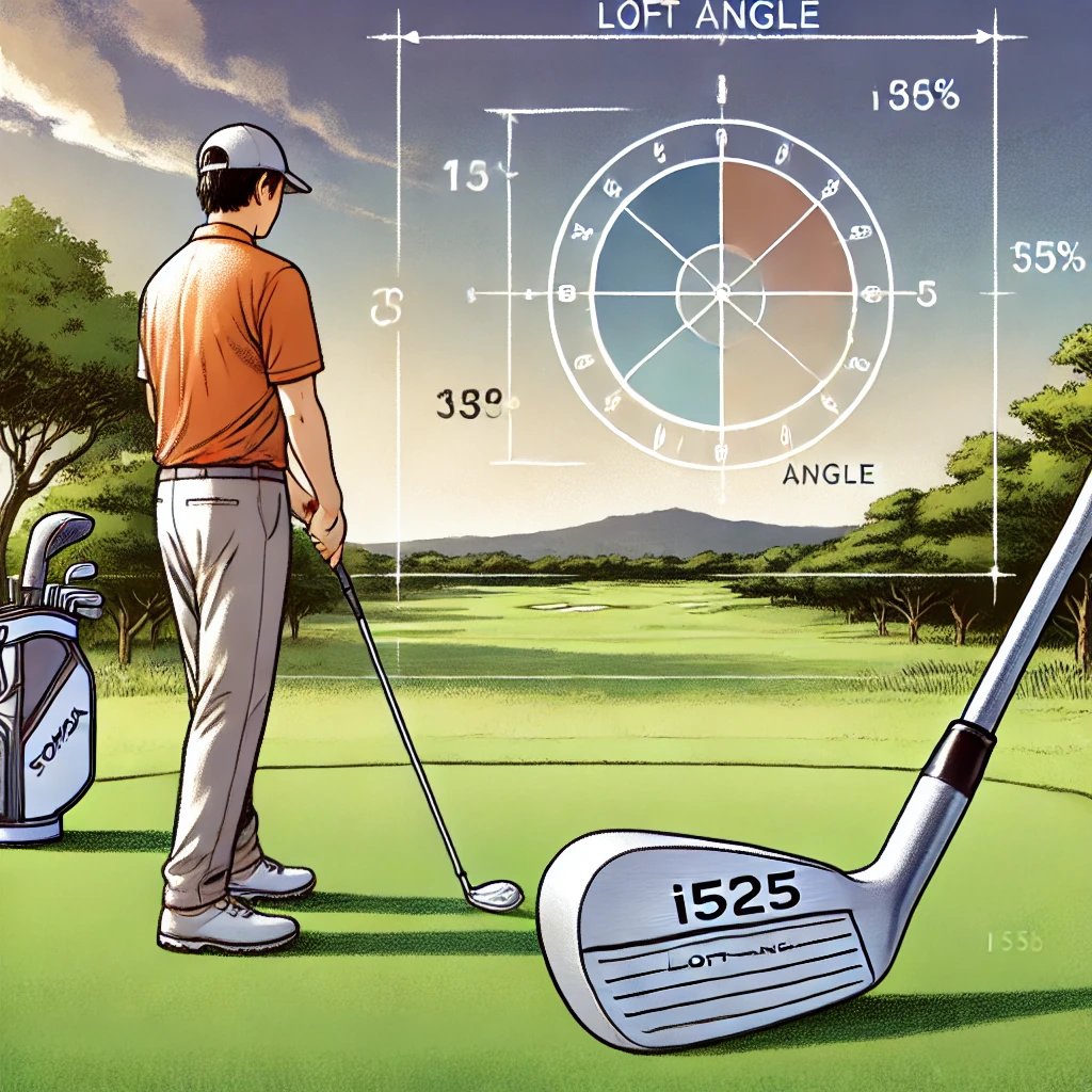 An-illustration-of-a-Japanese-golfer-analyzing-the-loft-angle-of-the-i525-iron-club-on-a-golf-course-showing-the-club-and-the-angle-of-the-shot.webp