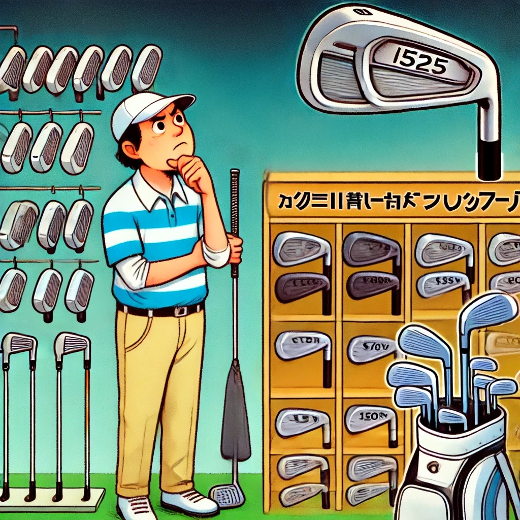 An-illustration-of-a-Japanese-golfer-comparing-the-prices-of-i525-iron-clubs-in-a-golf-store-with-price-tags-and-different-golf-clubs-on-display.-Ens.webp