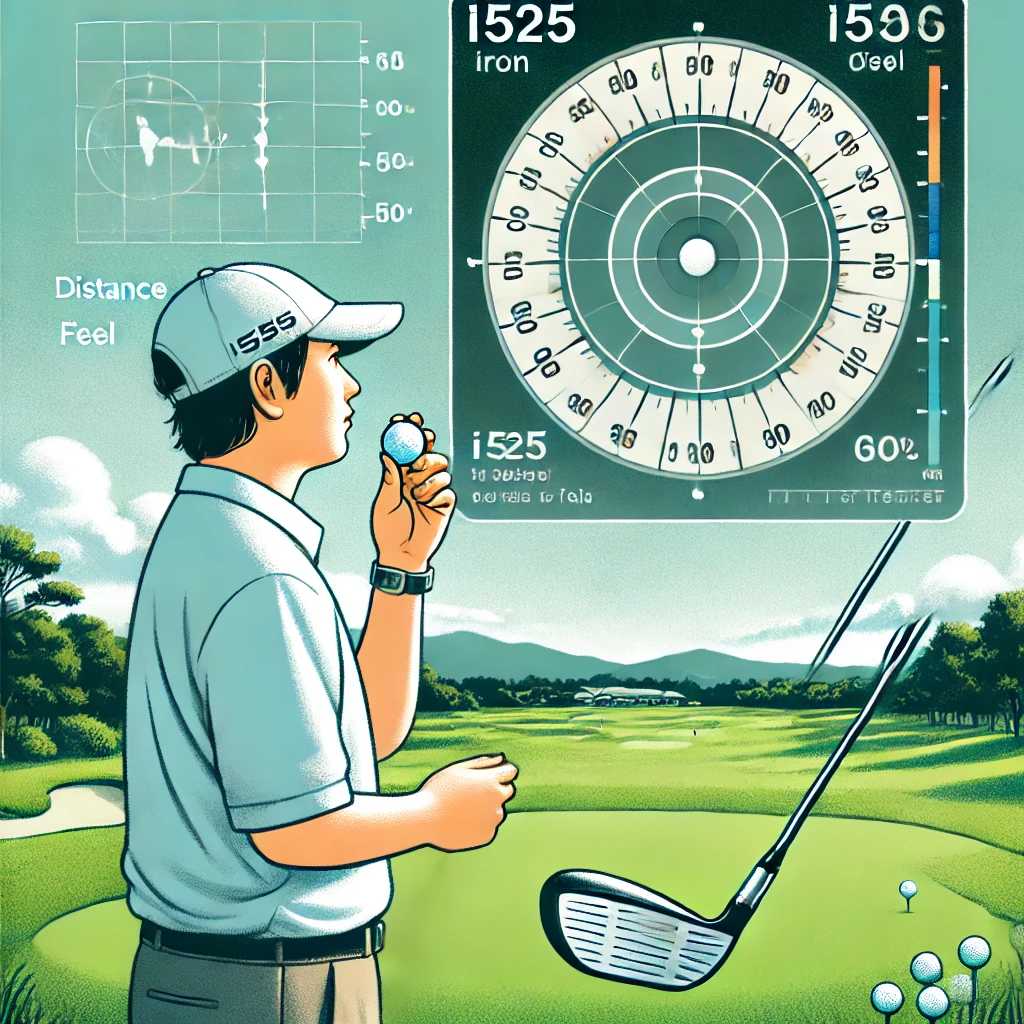 An-illustration-of-a-Japanese-golfer-analyzing-the-flight-path-of-a-golf-ball-showcasing-the-distance-and-feel-of-the-shot-with-i525-iron-in-hand-an.webp