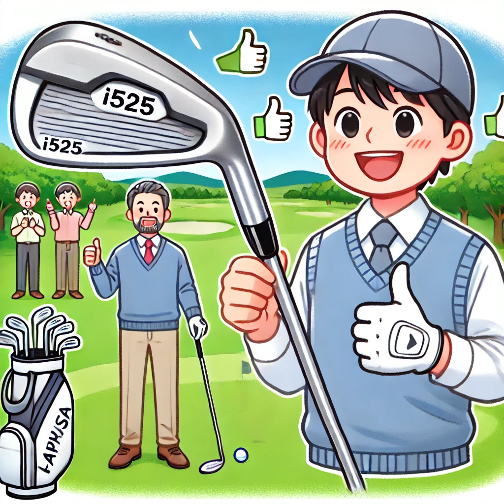 An-illustration-of-a-Japanese-beginner-golfer-on-a-golf-course-happily-using-the-i525-iron-club-with-other-beginner-golfers-giving-thumbs-up-in-the-.webp