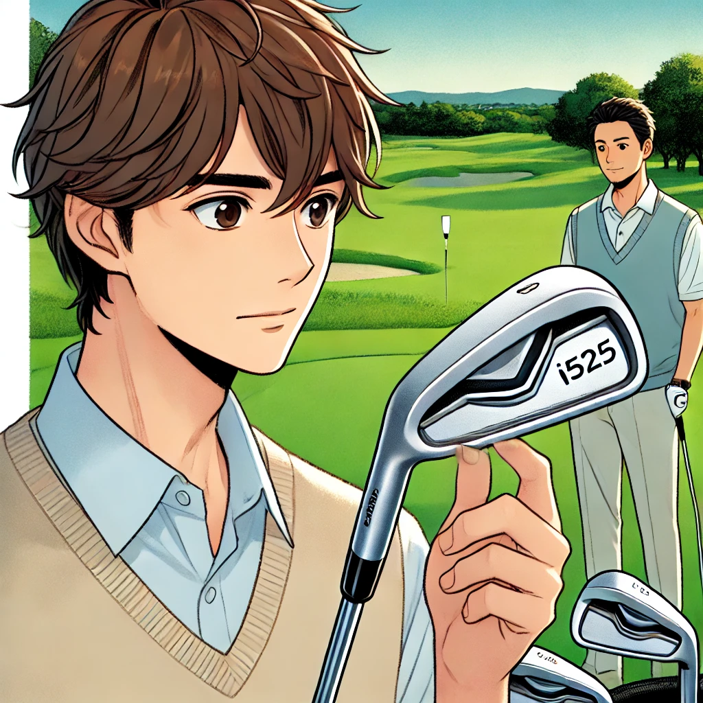 A-Japanese-beginner-golfer-carefully-examining-a-sleek-i525-iron-club-on-a-golf-course.-The-golfer-looks-focused-and-is-dressed-in-casual-golf-attire.webp