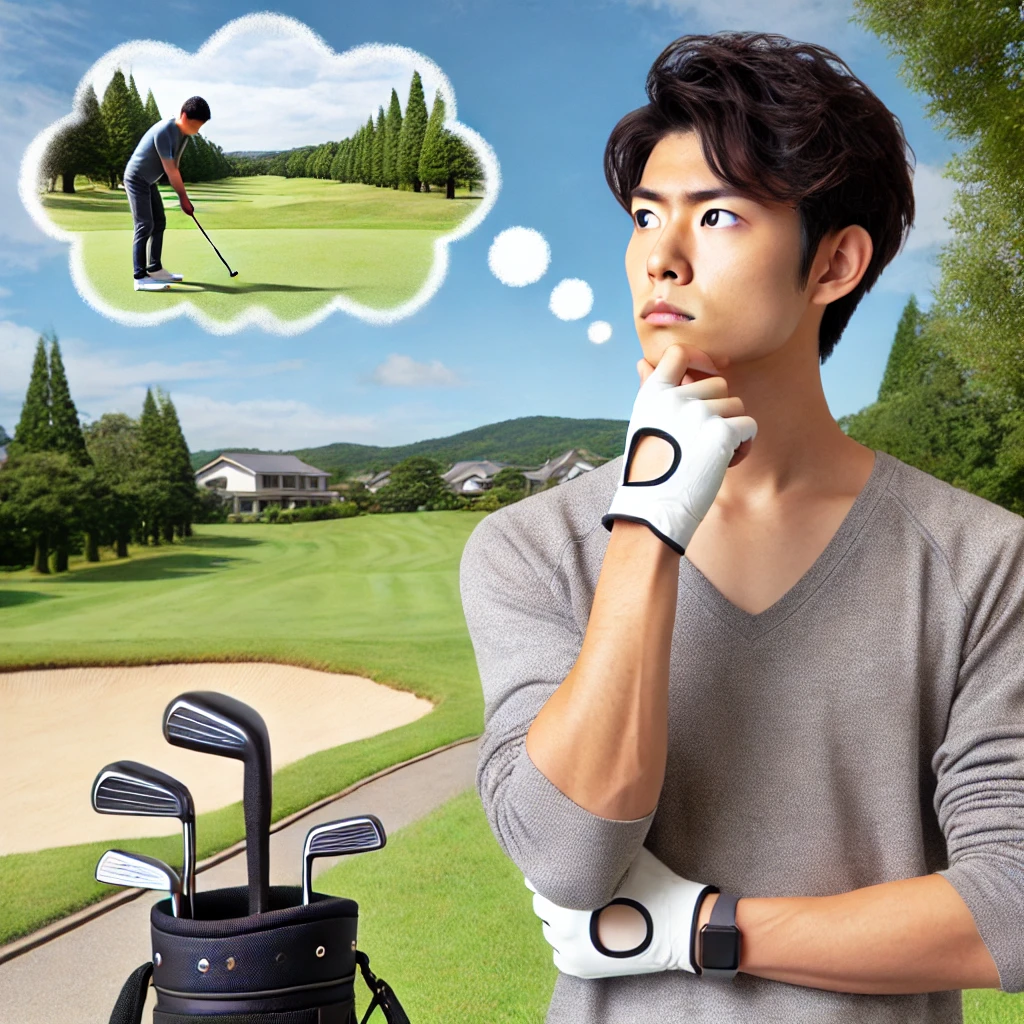 A-Japanese-person-considering-the-reasons-not-to-play-golf-standing-away-from-a-golf-course-with-a-thoughtful-expression-casual-attire-emphasizing-.webp