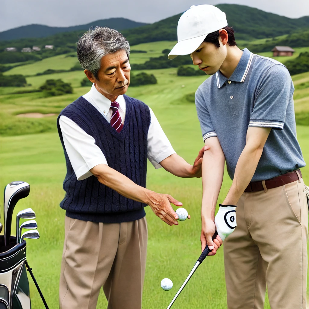 A-Japanese-golfer-receiving-professional-instruction-on-improving-their-golf-skills-with-the-coach-showing-techniques-on-a-golf-course.webp