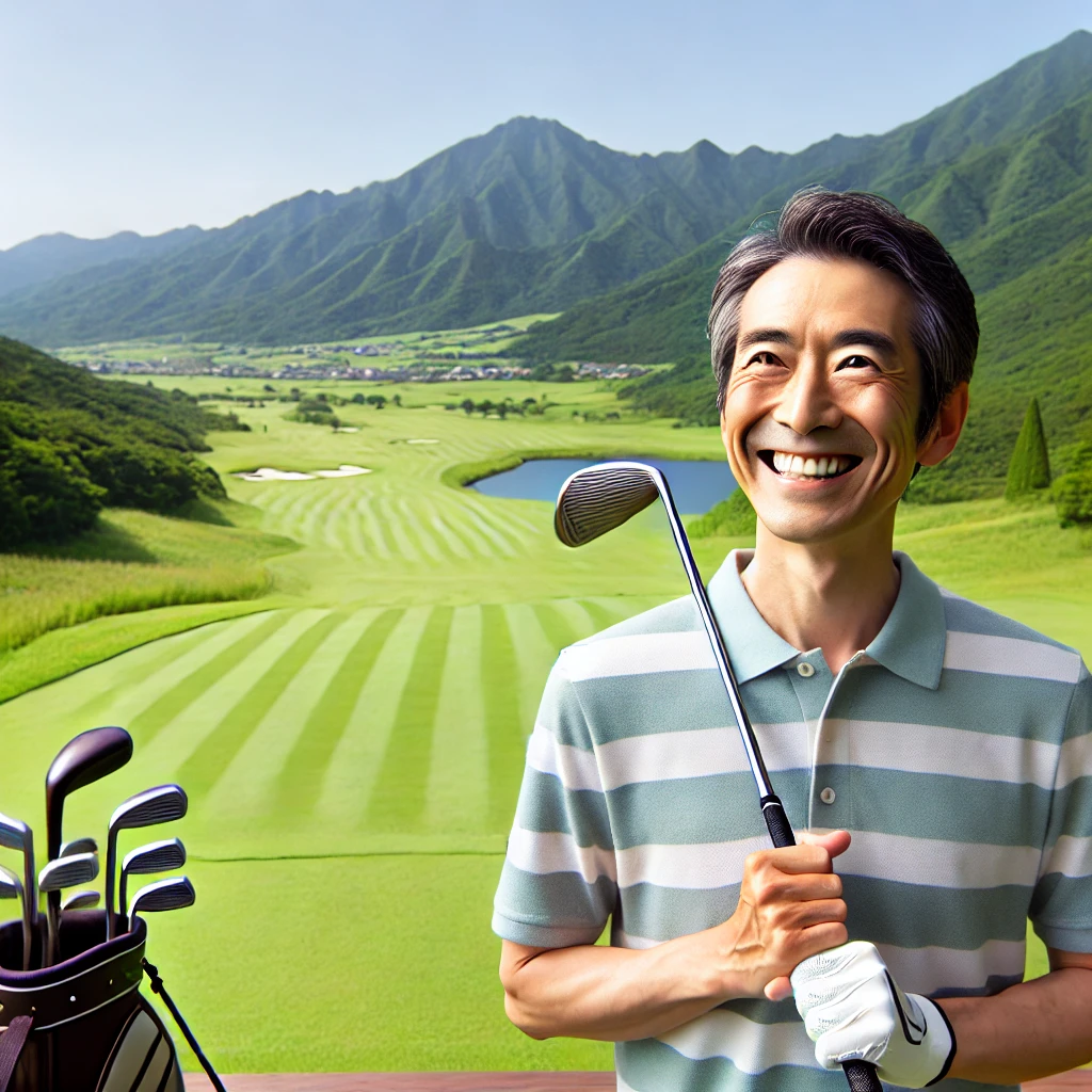 A-Japanese-person-rediscovering-motivation-for-golf-smiling-and-holding-a-golf-club-on-a-scenic-golf-course.webp