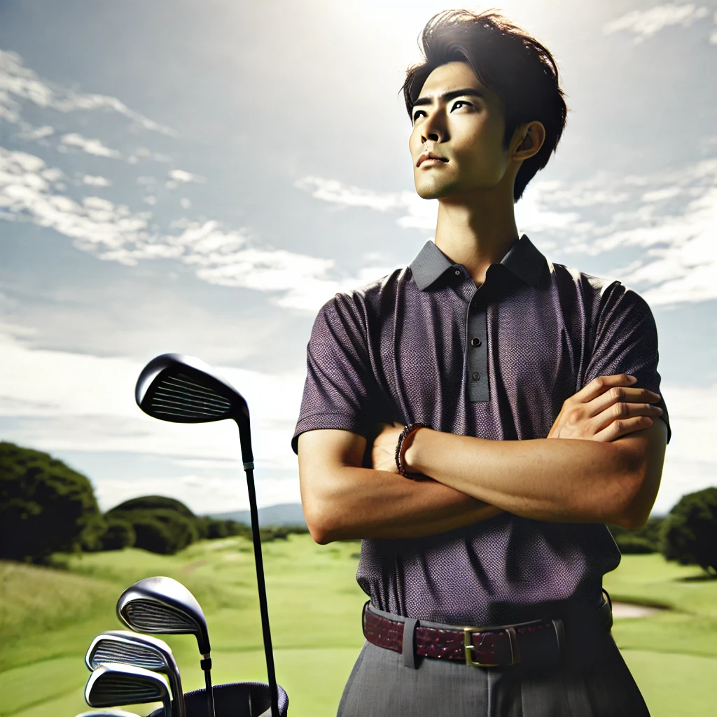 A-Japanese-golfer-looking-thoughtful-and-contemplative-standing-on-a-golf-course-with-a-golf-club-in-hand.-The-golfer-is-dressed-in-modern-golf-atti.webp