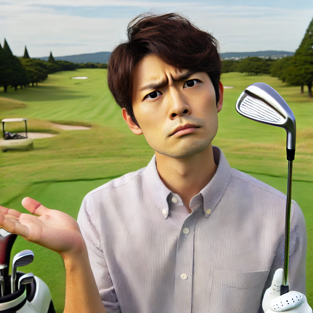 A-Japanese-golfer-on-a-golf-course-holding-a-golf-club-with-a-skeptical-expression-questioning-the-importance-of-golf-etiquette.-The-golfer-is-dress.webp