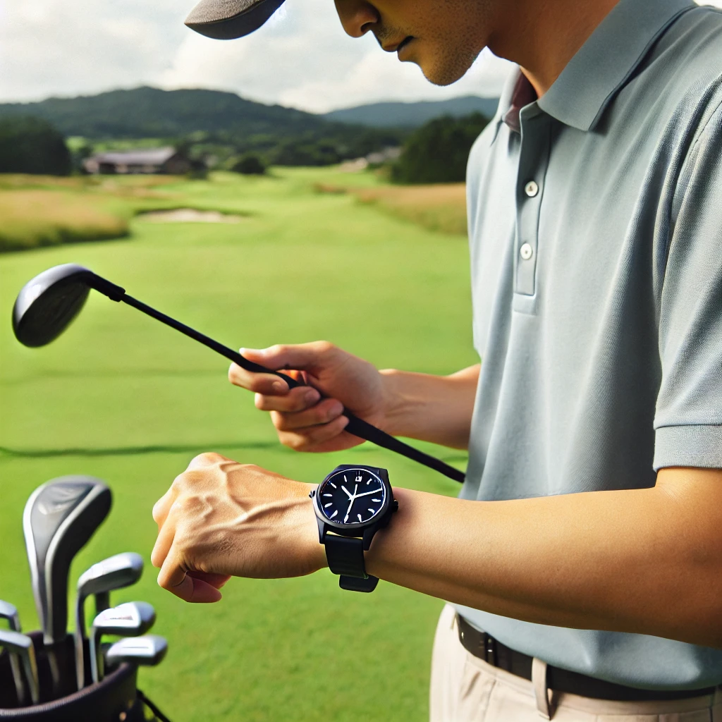 A-Japanese-golfer-on-a-golf-course-wearing-a-lightweight-simple-sports-watch-specifically-designed-for-golfing.-The-golfer-is-checking-the-time-on-th.webp