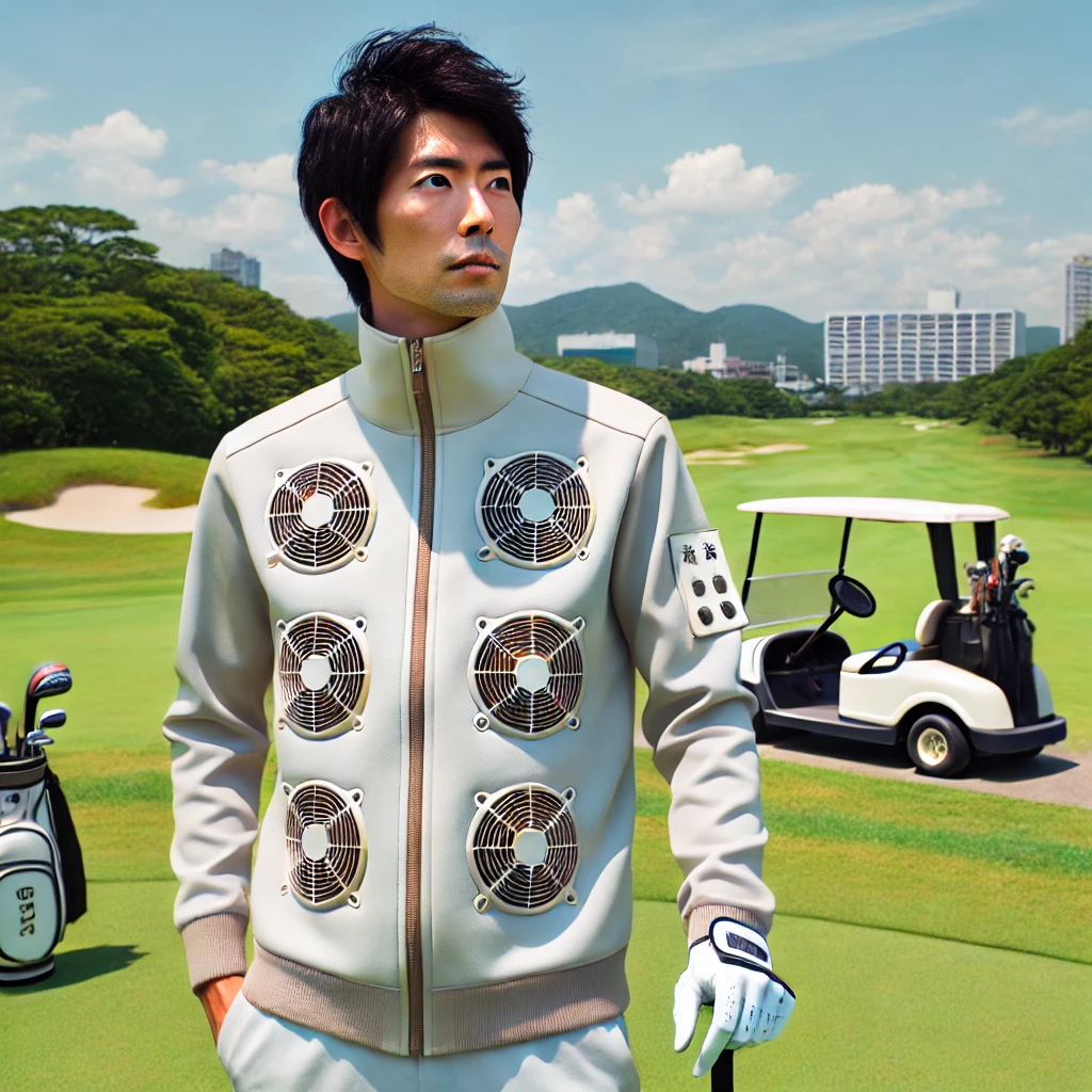 A-Japanese-man-on-a-golf-course-wearing-an-air-conditioned-jacket-空調服-designed-for-summer-heat.-The-man-is-standing-with-a-golf-club-looking-ready-.webp