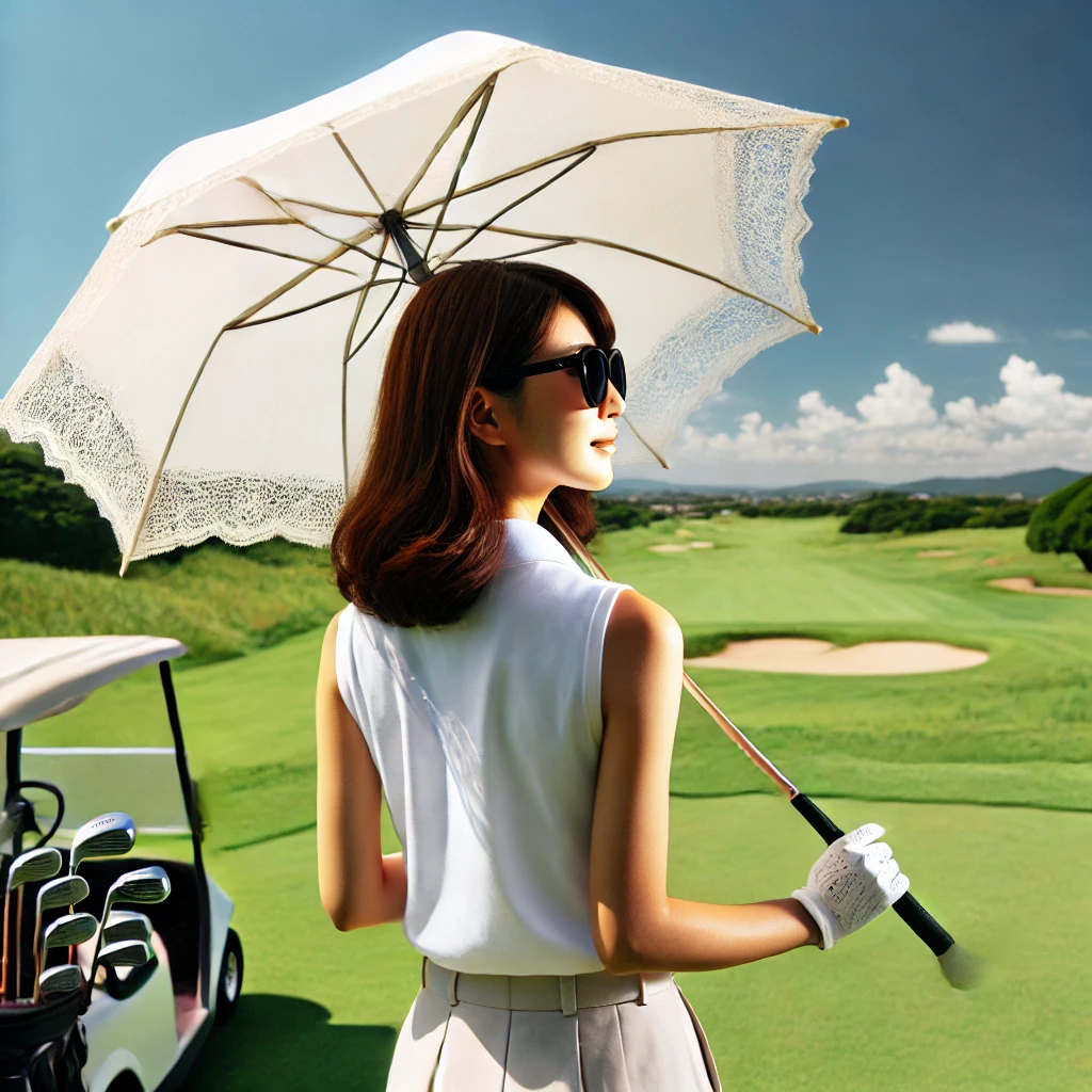 A-Japanese-woman-on-a-sunny-golf-course-holding-a-parasol-and-wearing-sunglasses-to-protect-herself-from-the-sun.-She-is-walking-along-the-fairway-wi.webp