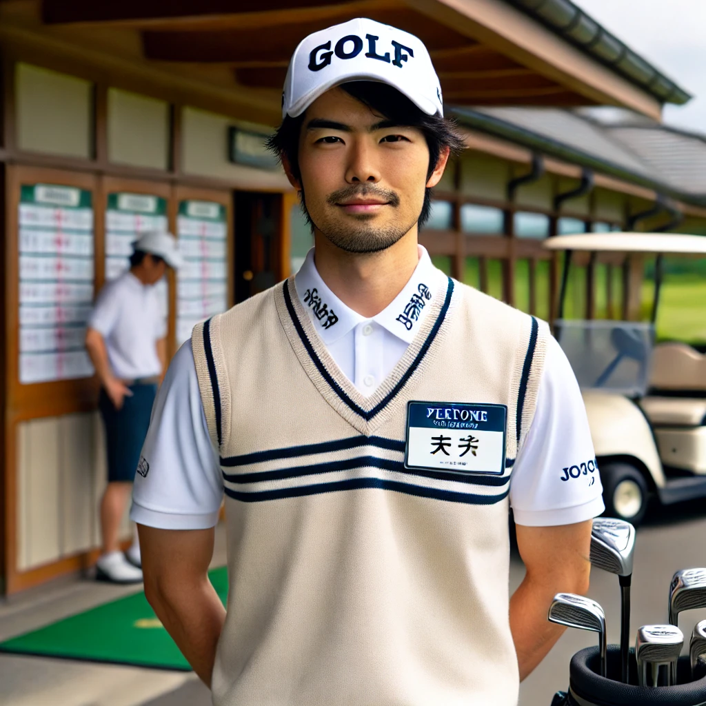 A-Japanese-golfer-wearing-a-proper-golf-outfit-with-a-visible-nameplate-attached-to-the-collar-of-his-shirt-or-hat.-The-golfer-is-standing-near-a-club.webp