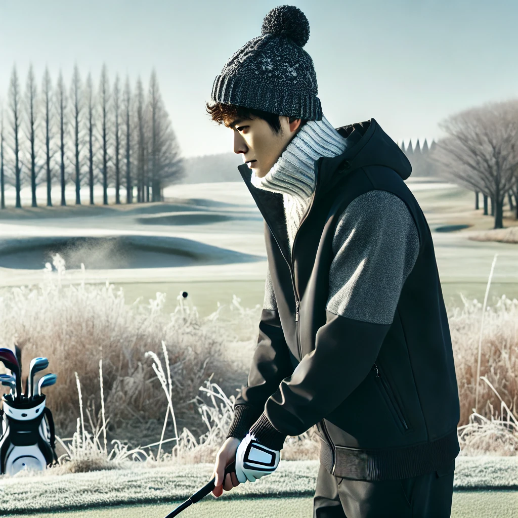 A-Japanese-golfer-on-a-winter-golf-course-dressed-in-appropriate-winter-golf-attire-including-a-knit-hat-high-neck-sweater-windbreaker-and-golf-pa.webp