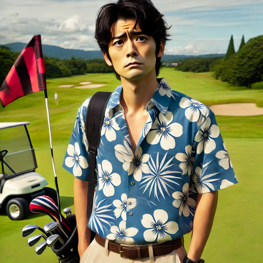 A-Japanese-man-wearing-an-Aloha-shirt-standing-on-a-golf-course-looking-unsure.-The-setting-is-a-well-maintained-golf-course-with-green-grass-and-cle.webp