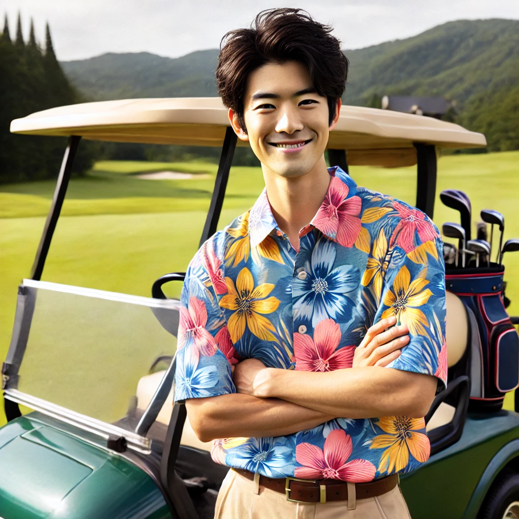 A-Japanese-golfer-on-a-golf-course-wearing-a-vibrant-Aloha-shirt-and-standing-near-a-golf-cart.-The-golfer-is-smiling-confidently-ready-to-play-with.webp