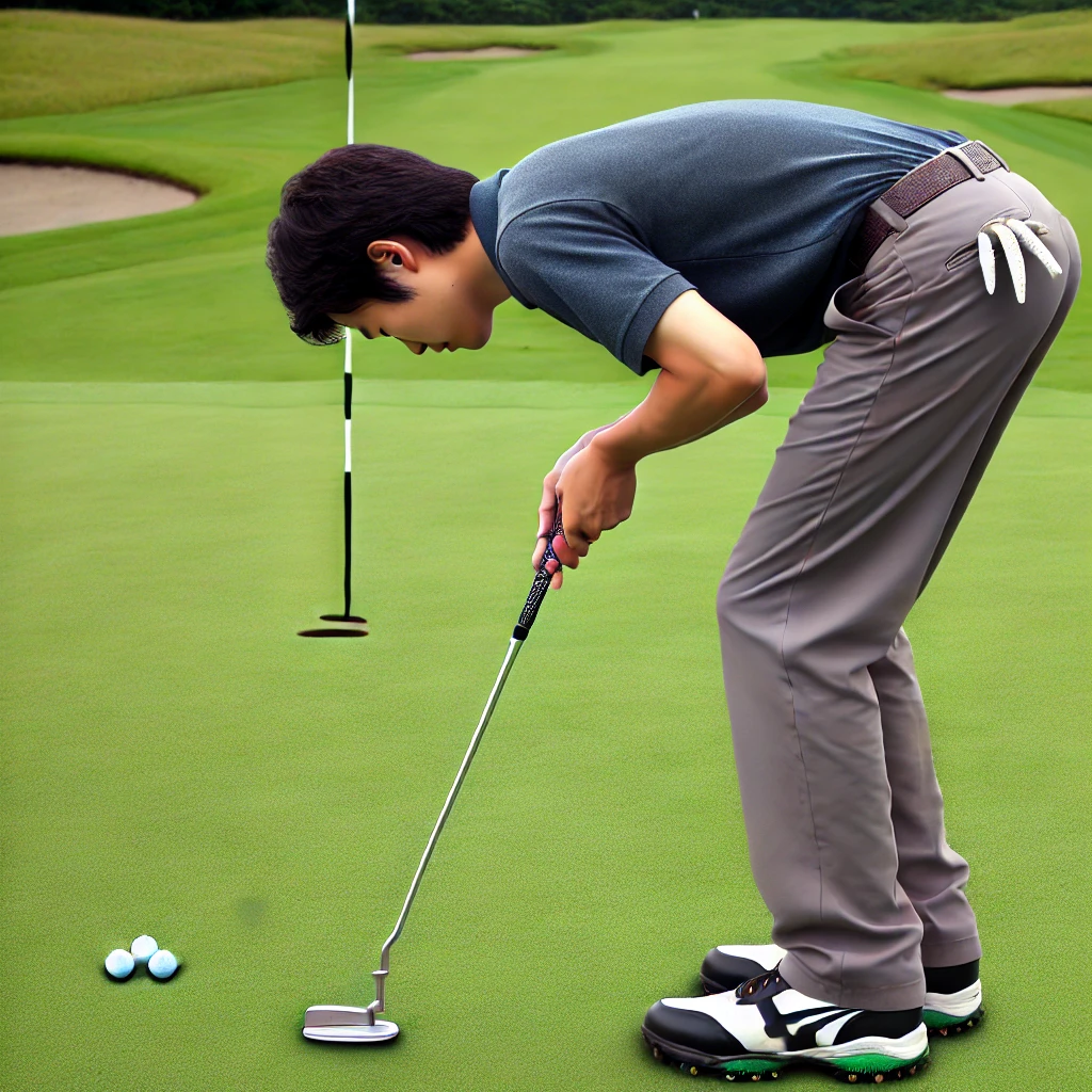 A-photograph-of-a-Japanese-golfer-on-a-golf-course-choosing-to-use-a-putter-instead-of-a-wedge-for-a-close-approach-shot.-The-golfer-is-preparing-to-.webp