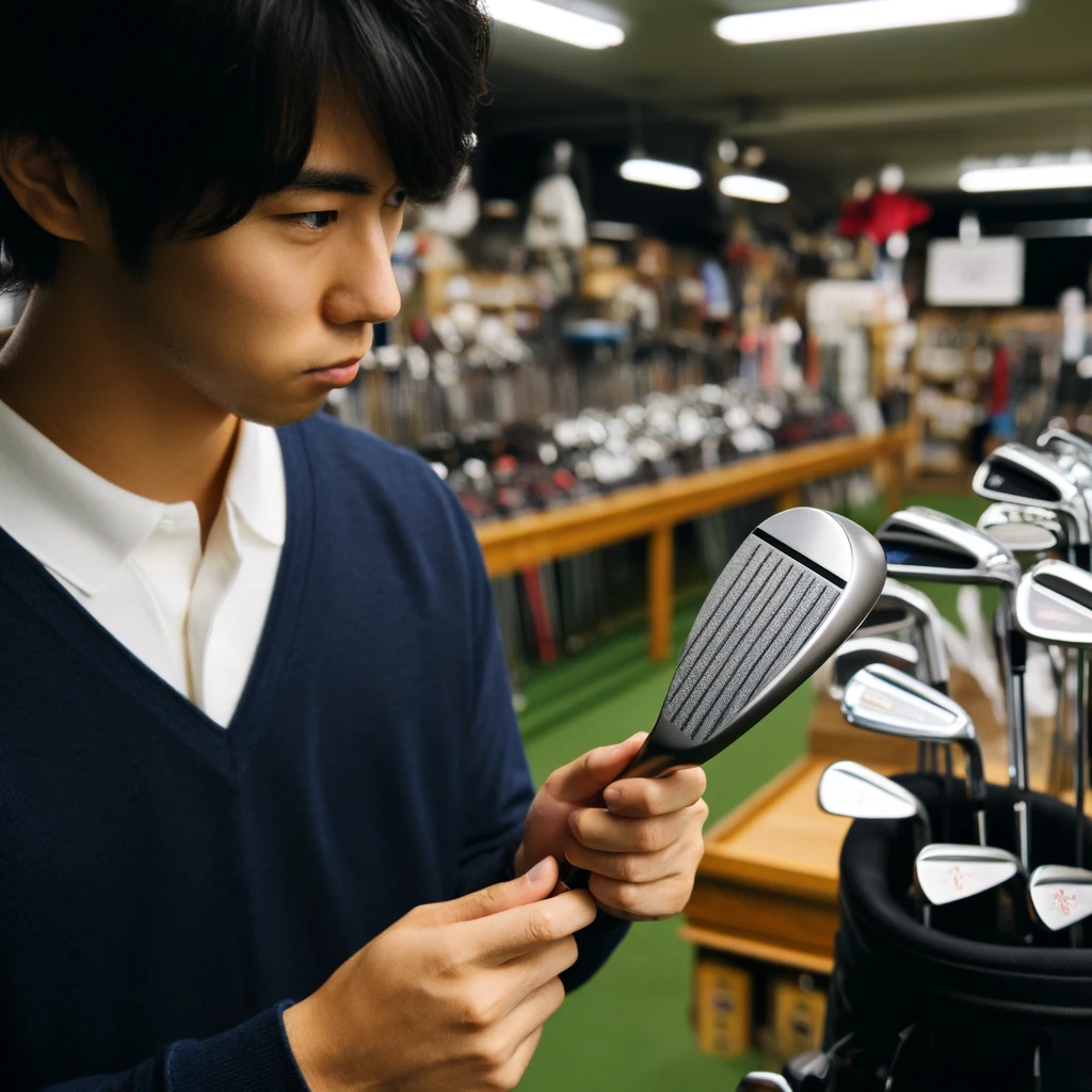 A-photograph-of-a-Japanese-golfer-at-a-golf-shop-considering-purchasing-a-used-wedge.-The-golfer-is-inspecting-the-condition-of-a-pre-owned-wedge-wi.webp