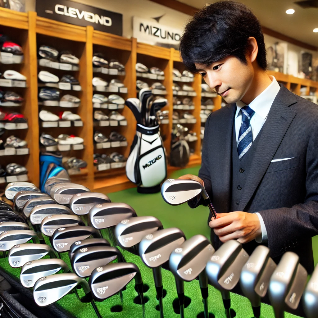 A-photograph-of-a-Japanese-golfer-at-a-golf-shop-browsing-through-different-wedges-from-well-known-brands-such-as-Cleveland-Mizuno-and-Ping.-The-go.webp