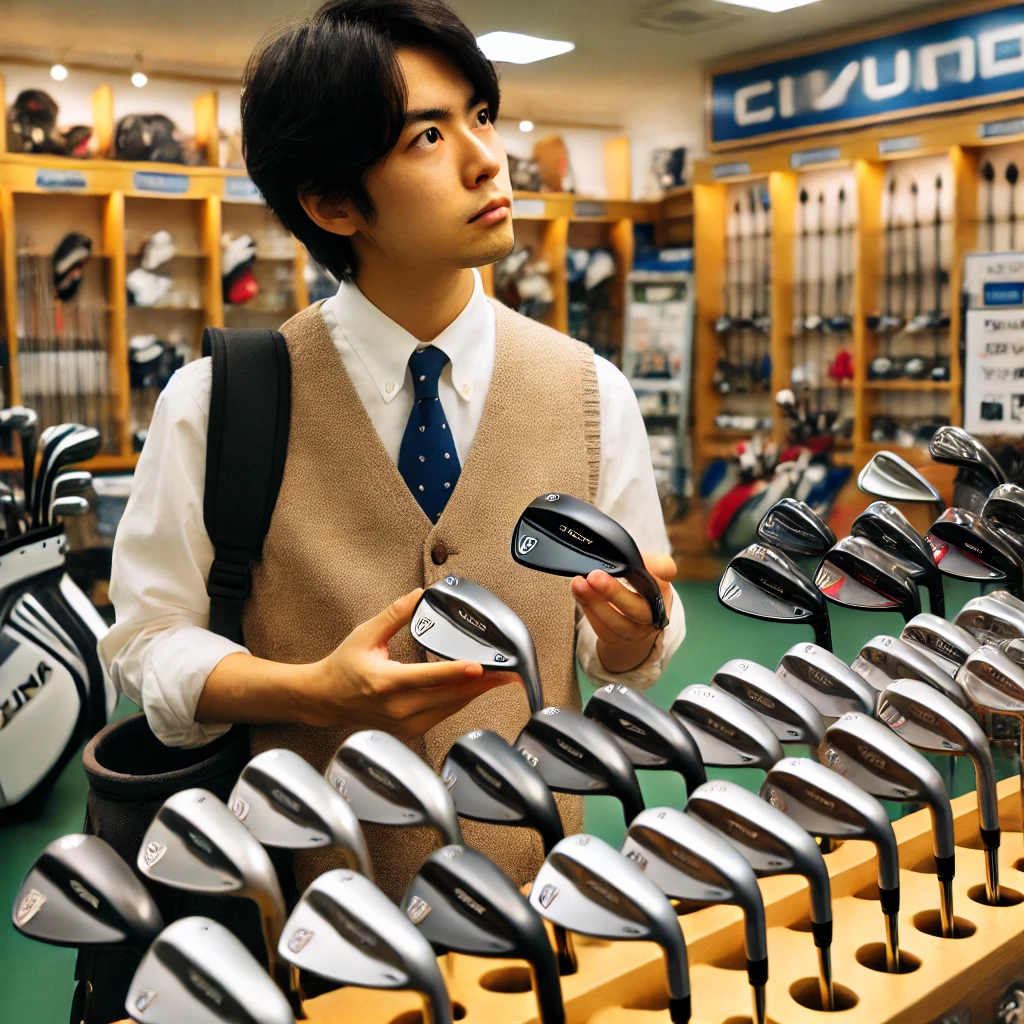 A-photograph-of-a-Japanese-golfer-at-a-golf-shop-carefully-examining-different-wedges-for-purchase.-The-golfer-is-holding-various-wedges-from-differe.webp