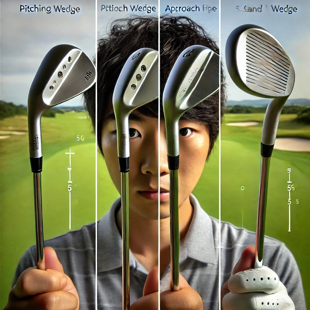 A-photograph-of-a-Japanese-golfer-on-a-golf-course-closely-examining-the-loft-angles-of-three-different-wedges-pitching-wedge-approach-wedge-and-s.webp