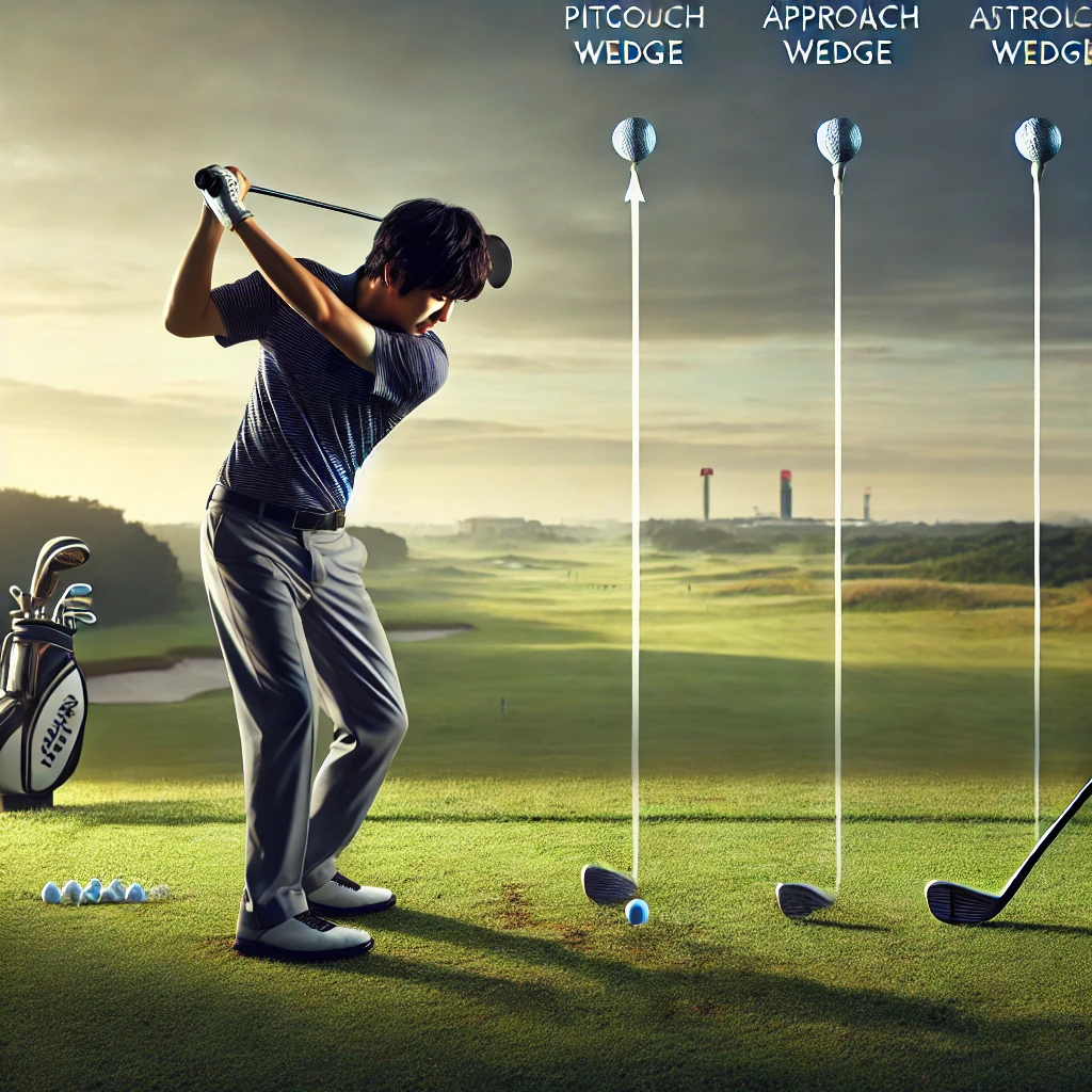 A-photograph-of-a-Japanese-golfer-on-a-golf-course-demonstrating-the-impact-of-different-wedge-distances-on-approach-shots.-The-golfer-is-mid-swing-.webp