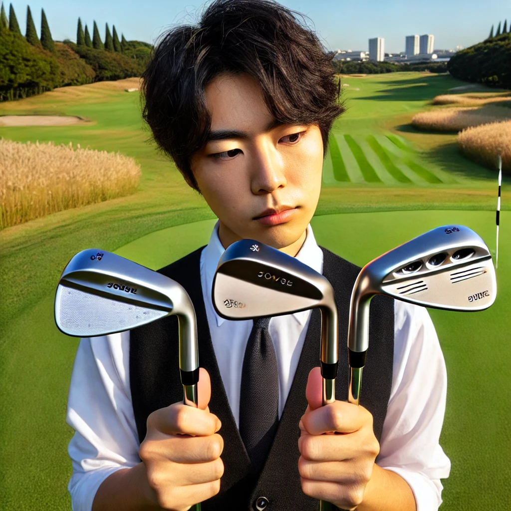 A-photograph-of-a-Japanese-golfer-holding-three-different-wedges-pitching-wedge-approach-wedge-sand-wedge-on-a-golf-course.-The-golfer-is-comparin.webp