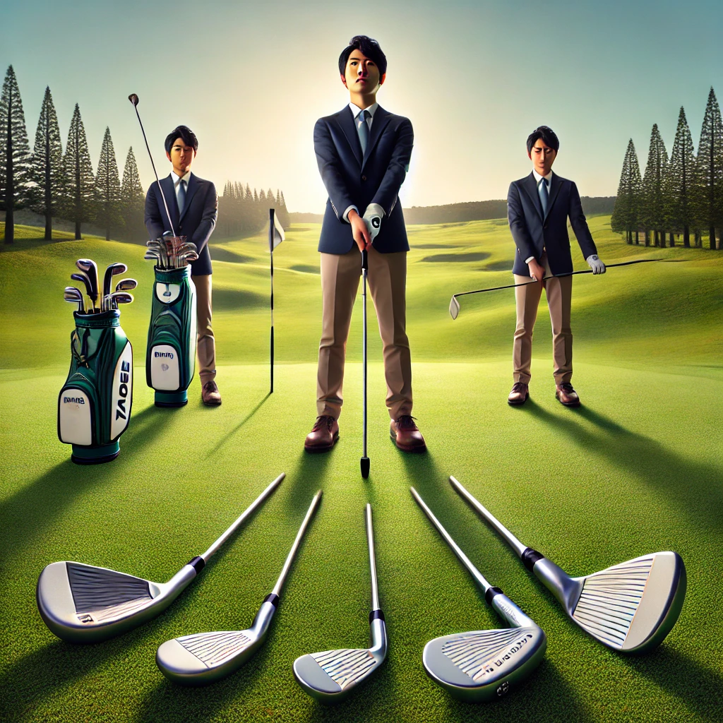 A-photograph-of-a-Japanese-golfer-on-a-golf-course-holding-three-different-wedges-pitching-wedge-approach-wedge-and-sand-wedge-while-standing-on-.webp