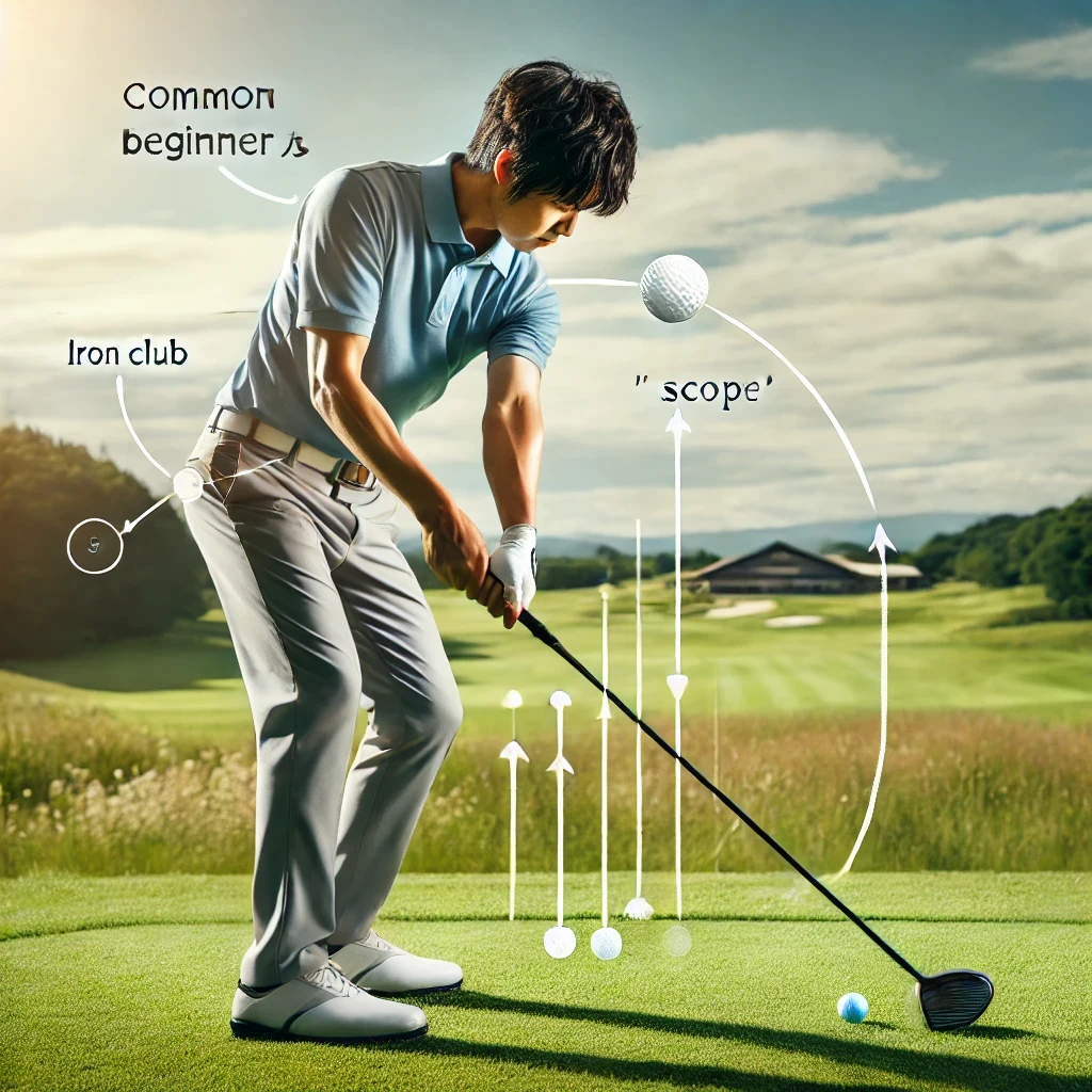 A-detailed-and-professional-photograph-of-a-Japanese-golfer-demonstrating-common-beginner-mistakes-in-golf-such-as-scooping-the-ball-with-an-iron-c.webp