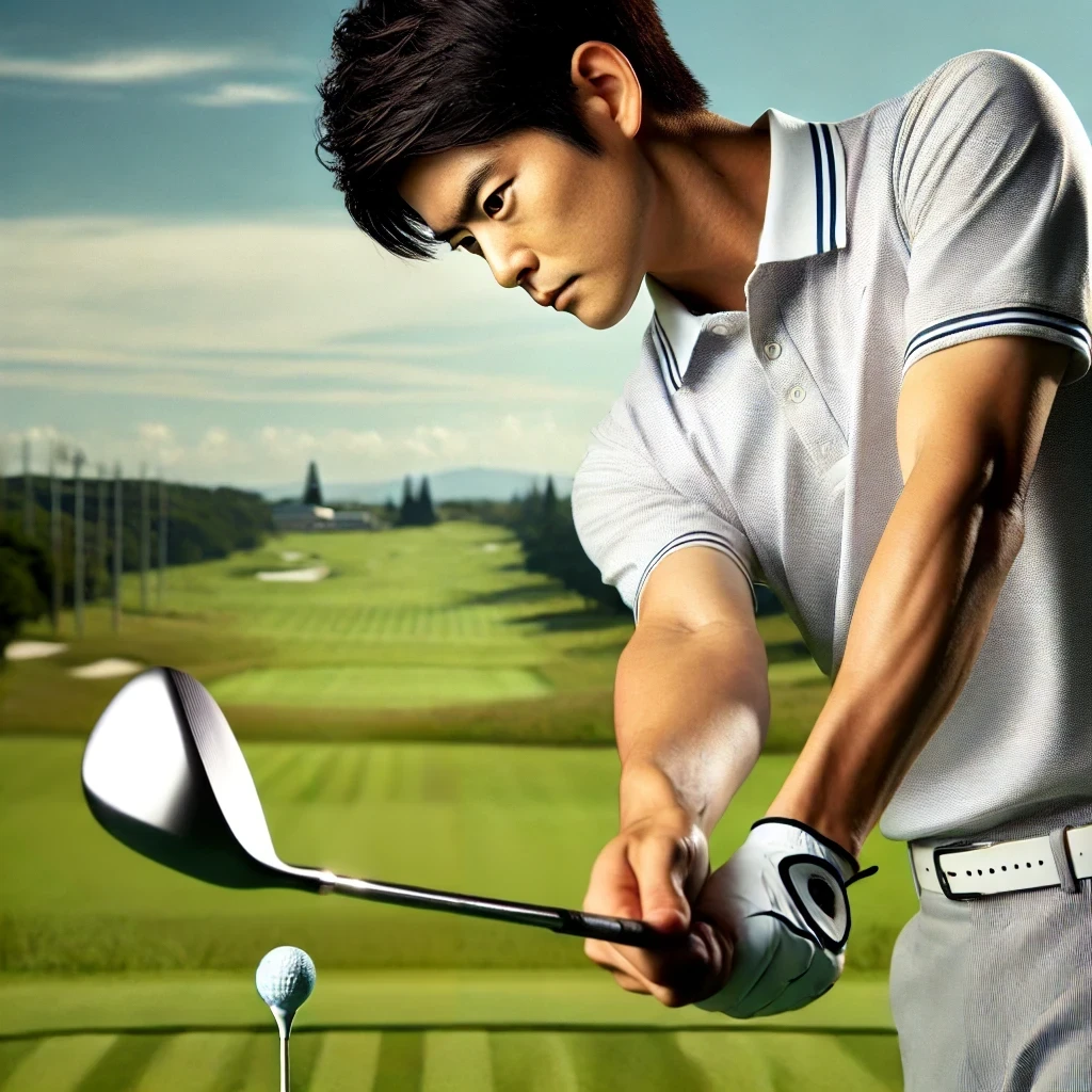 A-detailed-and-professional-photograph-of-a-Japanese-golfer-focusing-on-the-iron-shot.-The-golfer-is-in-mid-swing-with-the-club-head-near-the-ground.webp