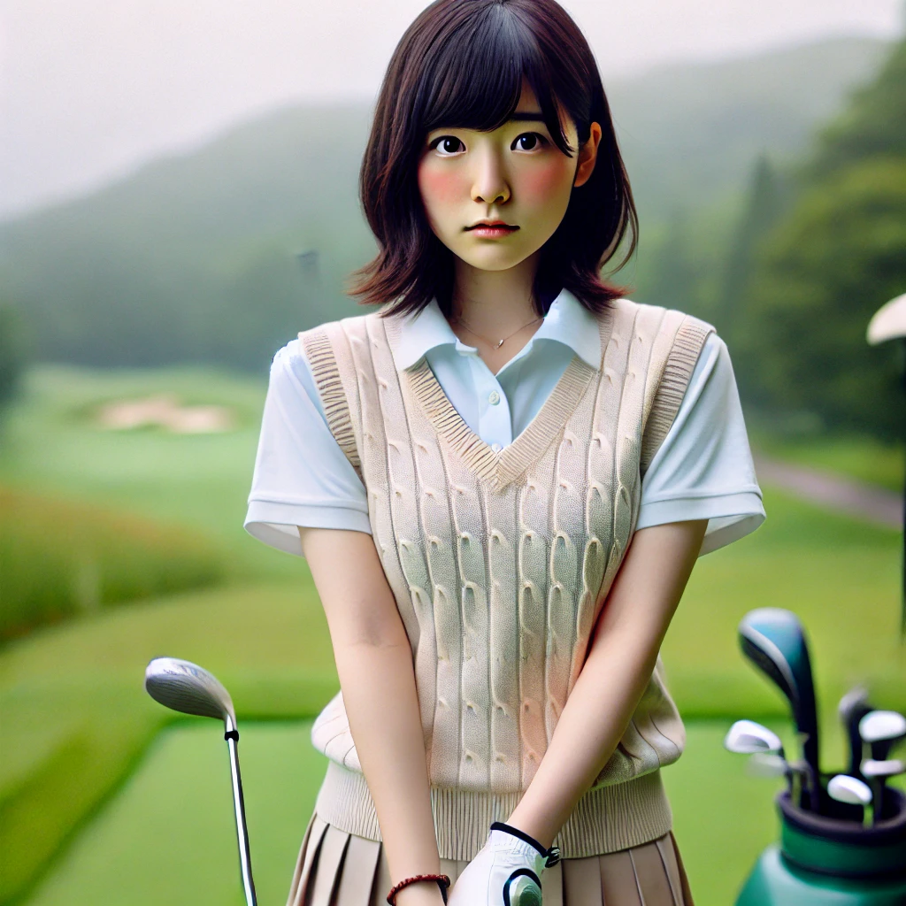 A-photograph-of-a-Japanese-golfer-standing-on-a-golf-course-looking-slightly-hesitant-as-they-approach-the-first-tee.-The-golfer-is-dressed-in-beginn.webp