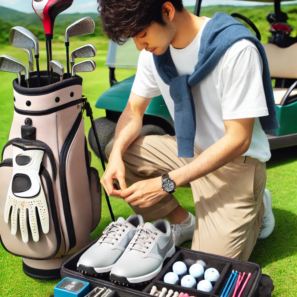 A-photograph-of-a-Japanese-golfer-wearing-comfortable-and-casual-golf-attire-packing-essential-golf-items-into-a-golf-bag.-The-items-include-golf-ba.webp