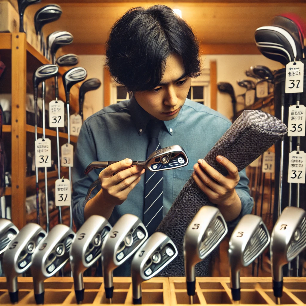 A-photograph-of-a-Japanese-golfer-comparing-two-different-golf-club-sets-carefully-examining-their-features.-The-scene-should-reflect-the-golfers-fo.webp