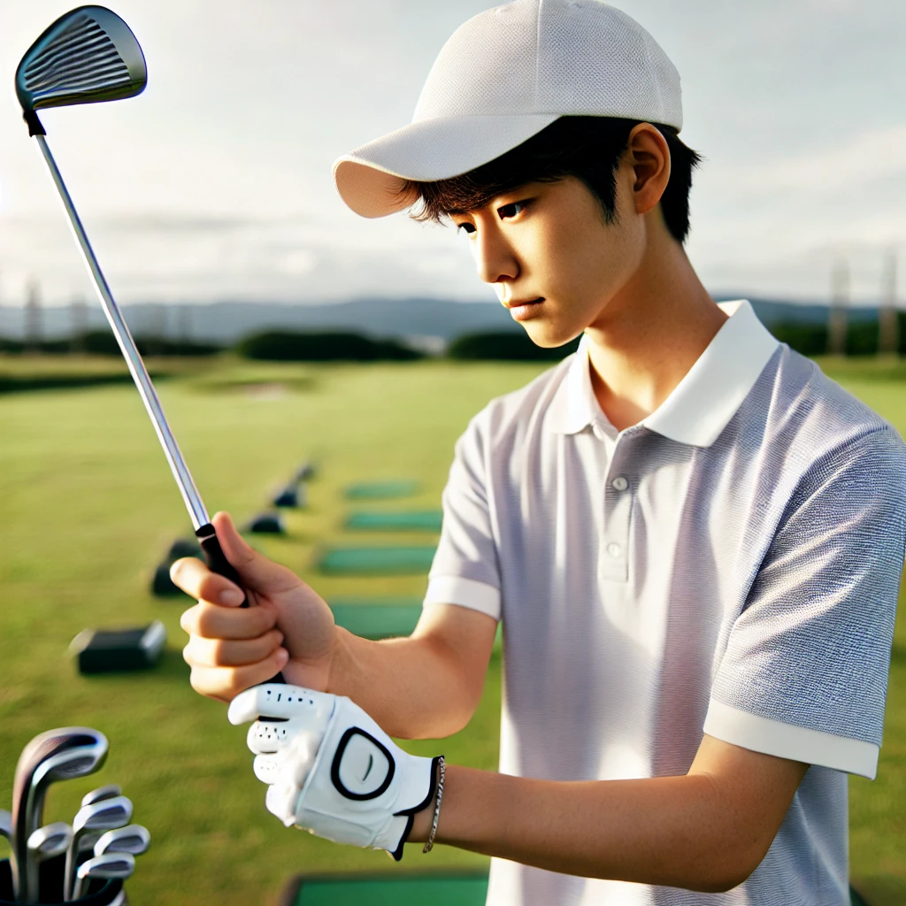 A-photograph-of-a-Japanese-golfer-on-a-practice-range-holding-a-golf-club-and-concentrating-on-improving-their-swing.-The-golfer-is-wearing-simple-b.webp