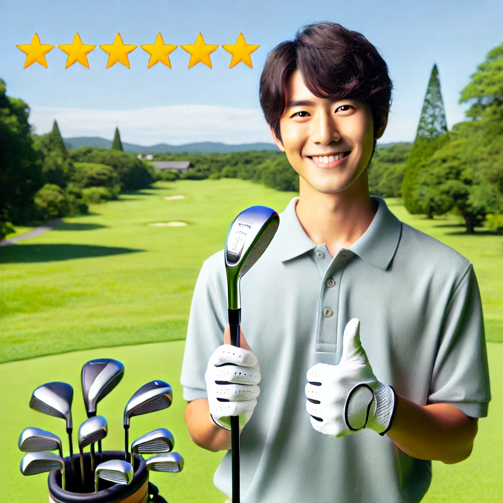 A-photograph-showing-a-Japanese-golfer-holding-an-Afecto-golf-club-set-standing-on-a-lush-green-golf-course.-The-golfer-is-smiling-and-looking-satisf.webp