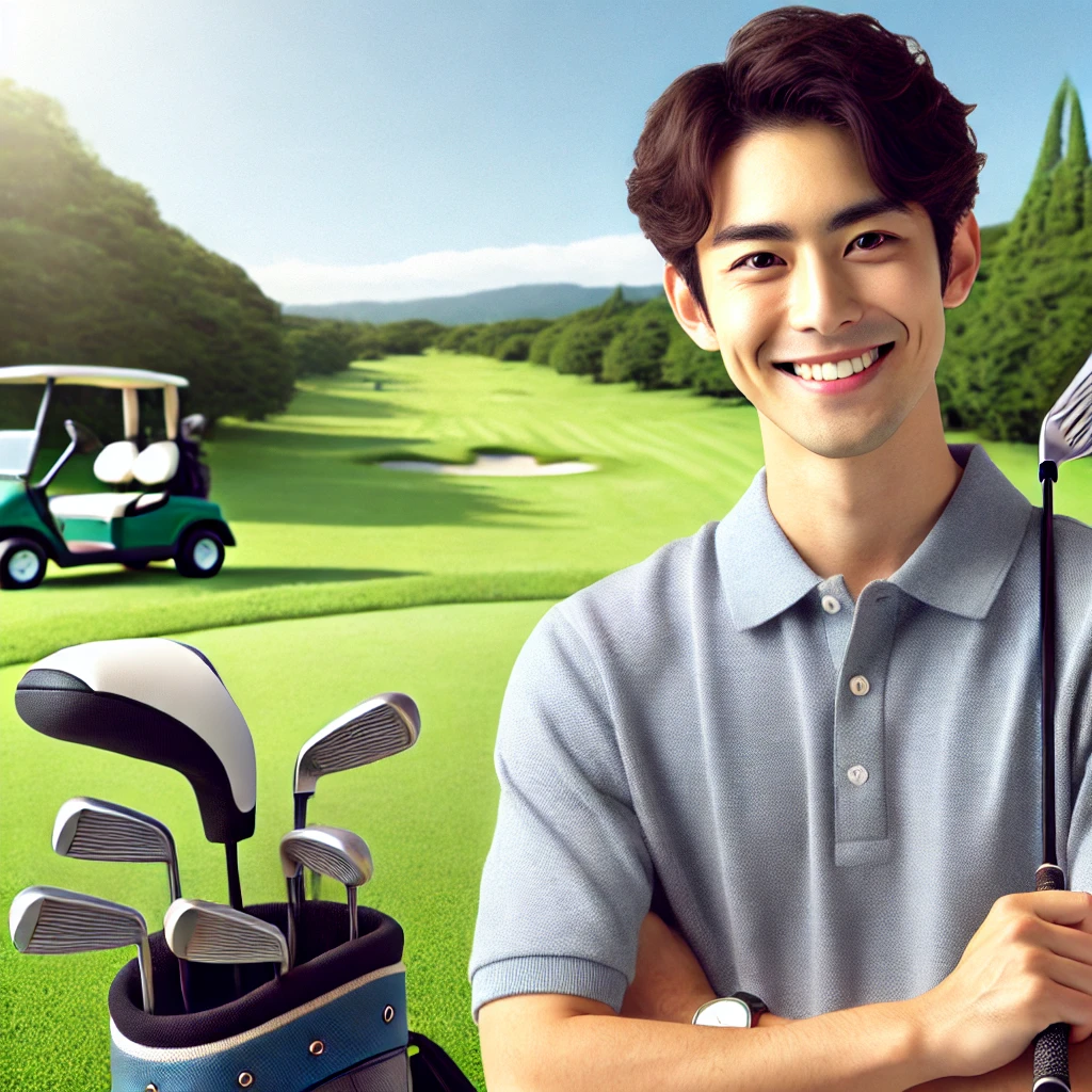 A-detailed-photograph-showing-a-Japanese-golfer-smiling-on-a-golf-course-holding-a-golf-club-in-one-hand-with-a-well-maintained-green-field-and-tree.webp