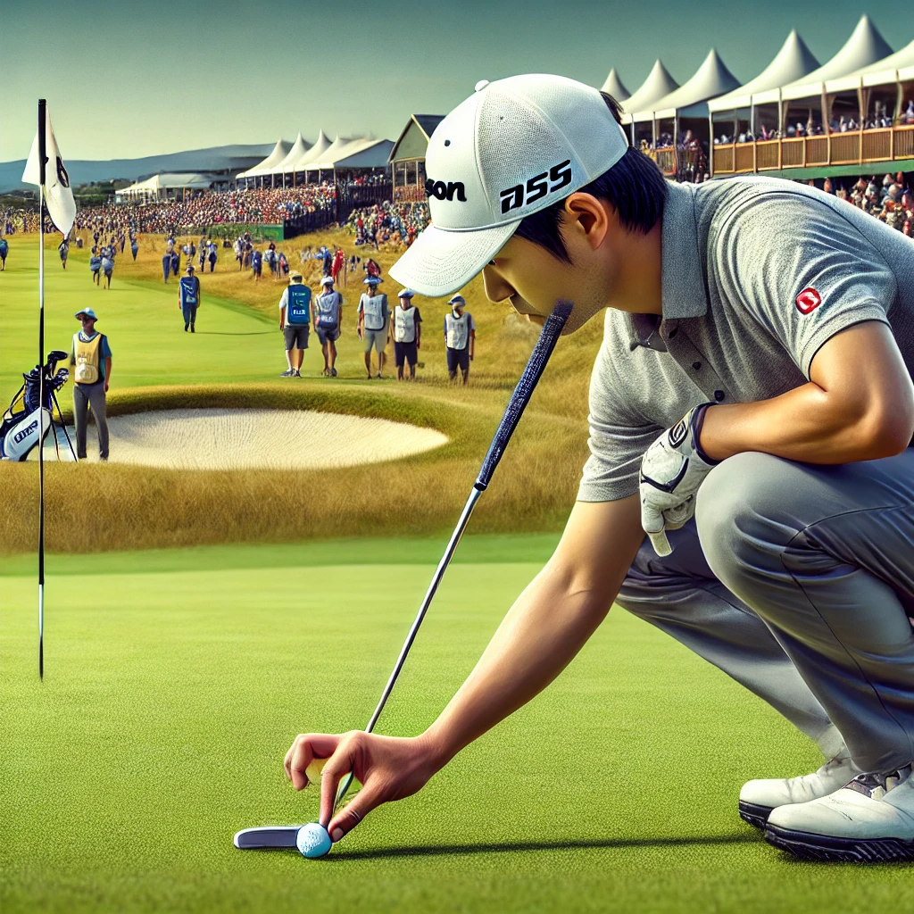 A-realistic-photo-illustration-of-a-Japanese-professional-golfer-using-the-unplayable-lie-rule-during-a-tournament-on-a-golf-course.-The-golfer-is-car.webp