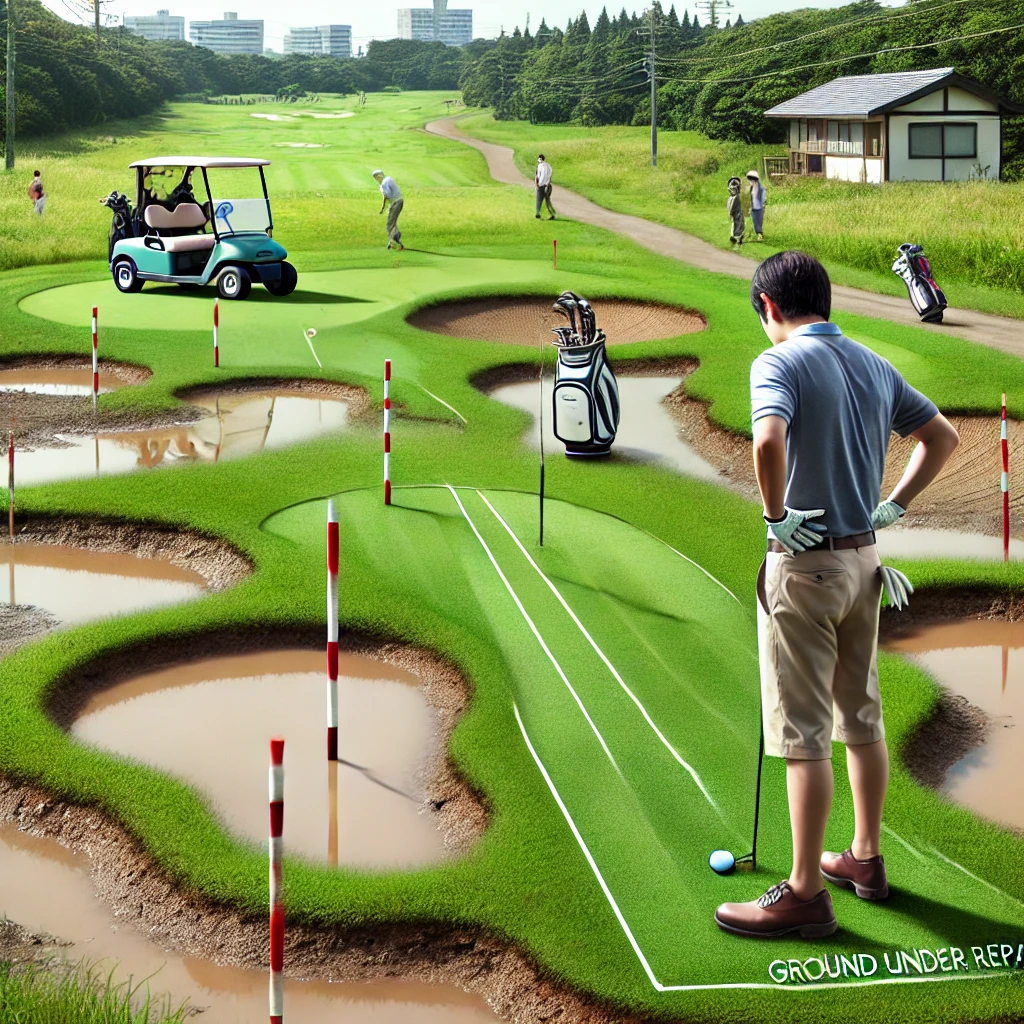 A-realistic-photo-illustration-of-a-Japanese-golfer-dealing-with-an-abnormal-course-condition-such-as-standing-water-or-ground-under-repair-on-a-gol.webp