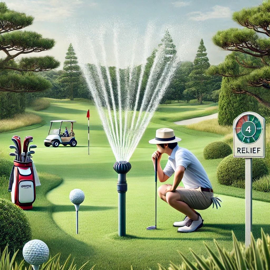 A-realistic-photo-illustration-of-a-Japanese-golfer-dealing-with-an-immovable-artificial-object-on-a-golf-course-such-as-a-sprinkler-head-or-a-fixed-.webp