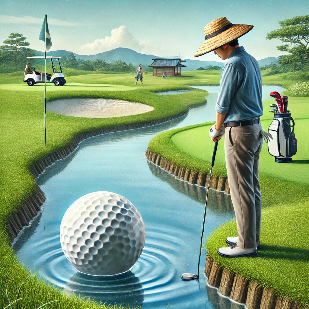 A-realistic-photo-illustration-of-a-Japanese-golfer-standing-near-a-water-hazard-on-a-golf-course-analyzing-the-situation-and-considering-options-lik.webp