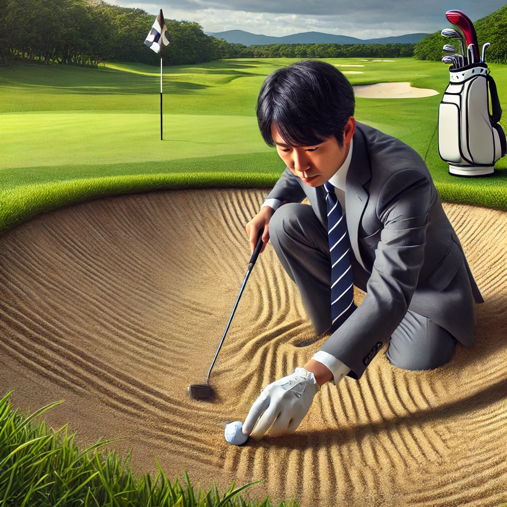 A-realistic-photo-illustration-of-a-Japanese-golfer-making-an-unplayable-lie-declaration-in-a-bunker-on-a-golf-course.-The-golfer-is-shown-in-a-sand-b.webp